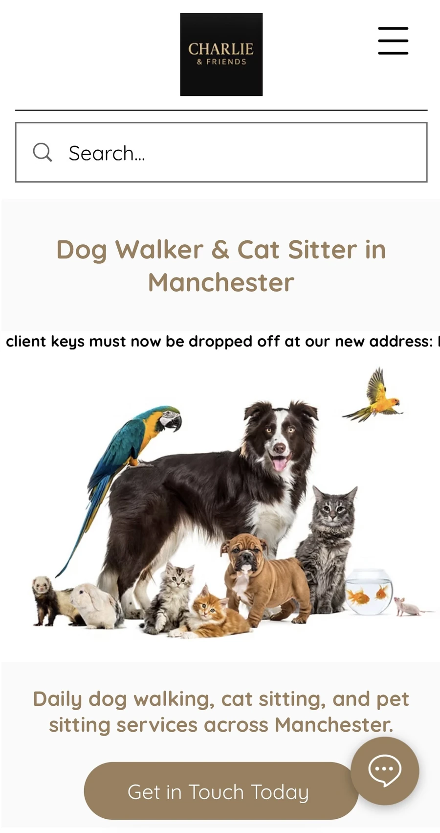 Charlie and Friends mobile service website homepage