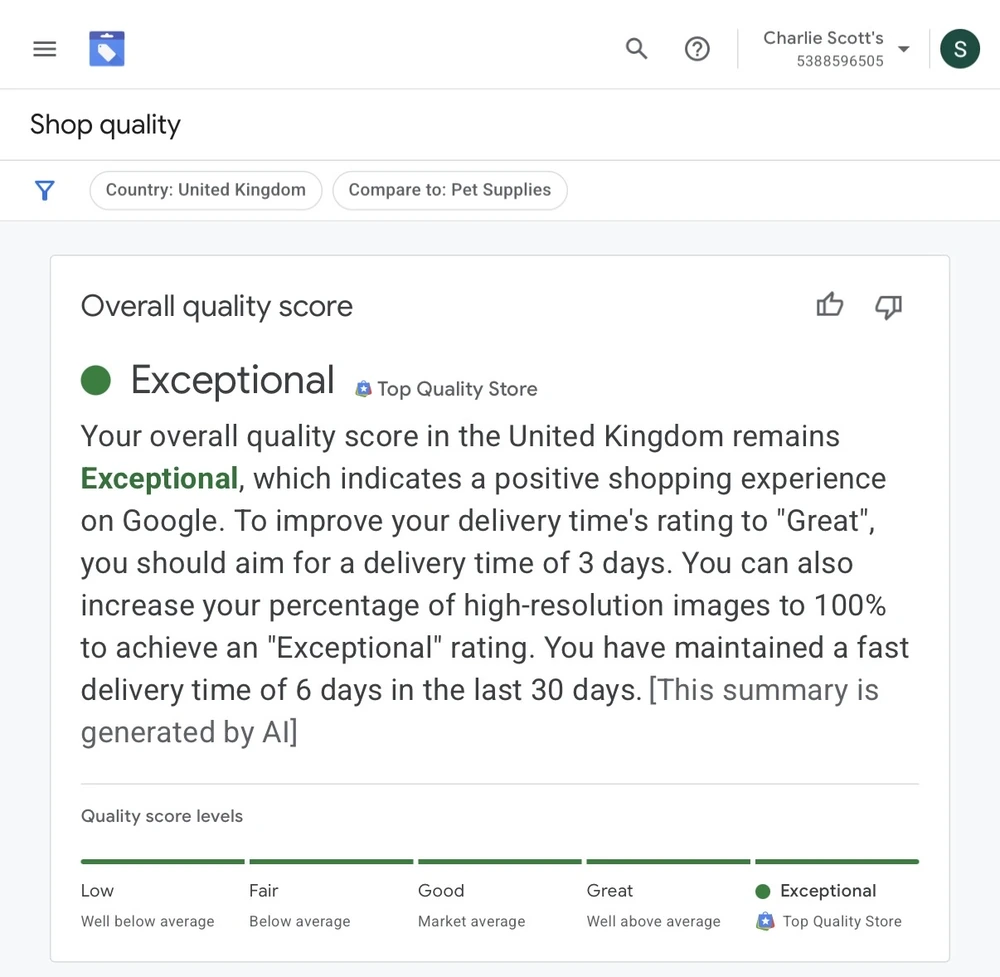 Google Merchant Center showing Charlie Scott’s Exceptional Shop Quality score and Top Quality Store recognition